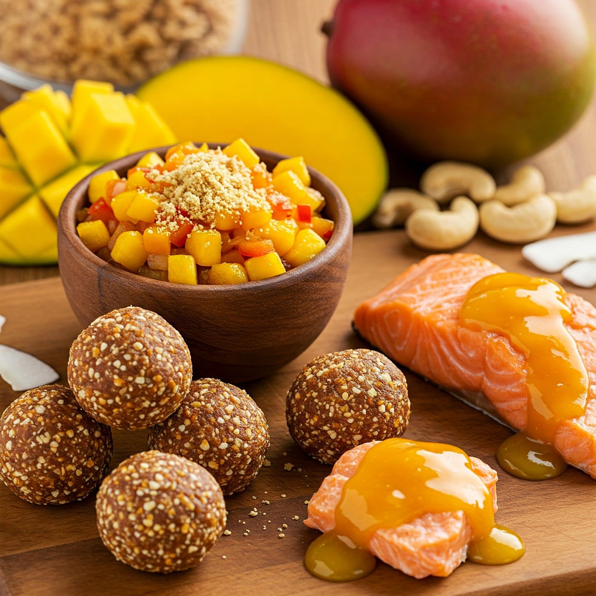 Dried mango recipes, including salsa, energy bites, and mango-glazed salmon.