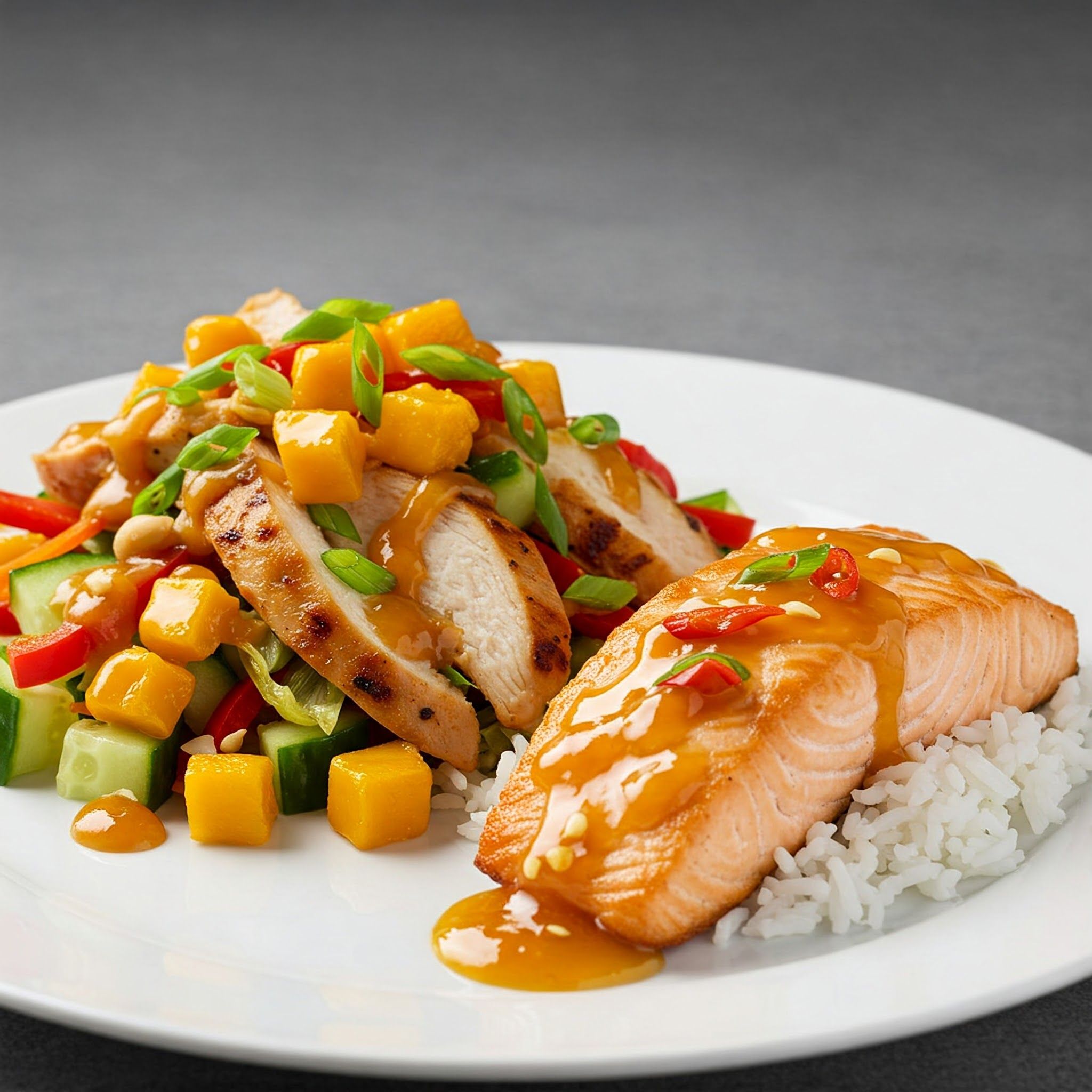 Savory dried mango dishes, including Thai mango chicken salad and mango-glazed salmon.